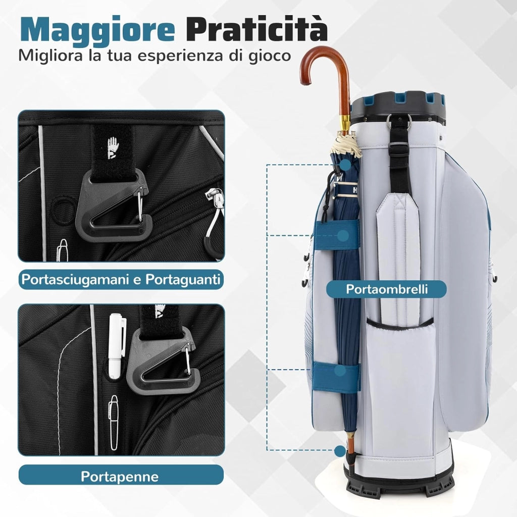 Borsa Carrello da Golf, Sacca da Golf con Serratura e Divisori a 14 Vie, 11 Tasche, Sacca Isolante, Tracolla Imbottita, Maniglie, Porta Ombrello e Cappuccio Antipioggia