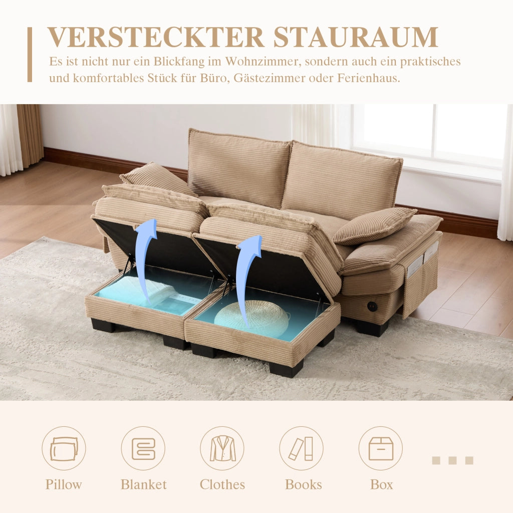 DIVANO MODULARE 2 POSTI CON 2 HOCKER 190x132x84 cm CORDUROY KHAKI