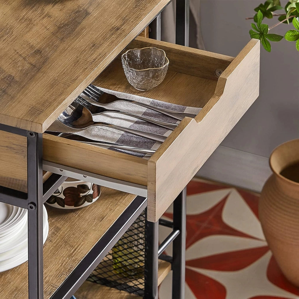 Carrello Cucina con Ruote, Mobiletto Cucina Salvaspazio con 1 Cassetto, 3 Ripiani e Ripiani Laterali, Credenza Cucina o Bagno, Mobiletto Cucina Dispensa Stile Vintage 50 x 37 x 87 cm FKW99-N