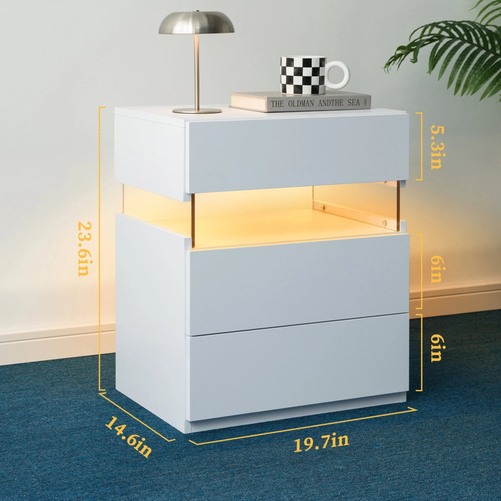 Comodino ULEVR bianco con 3 cassetti, pannello acrilico e illuminazione LED RGB