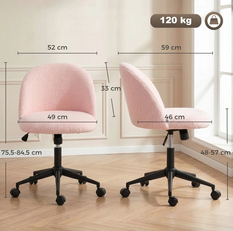 Sedia da ufficio rosa in teddy con ruote e altezza regolabile