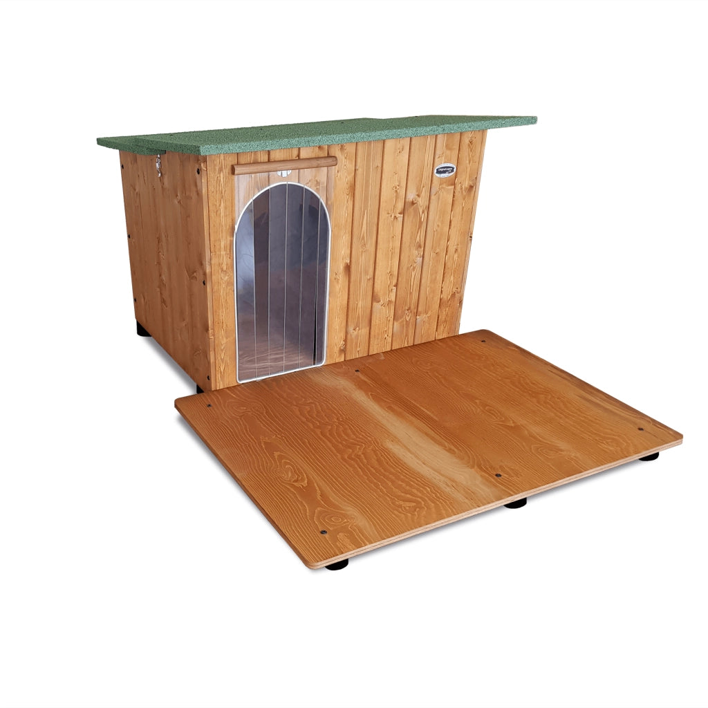CUCCIA IN LEGNO PER CANI DA ESTERNO MODELLO ITALY CON DAVANZALE D-PASTORE CON "TENDINA OMAGGIO" L.102. xP.135 x H.78