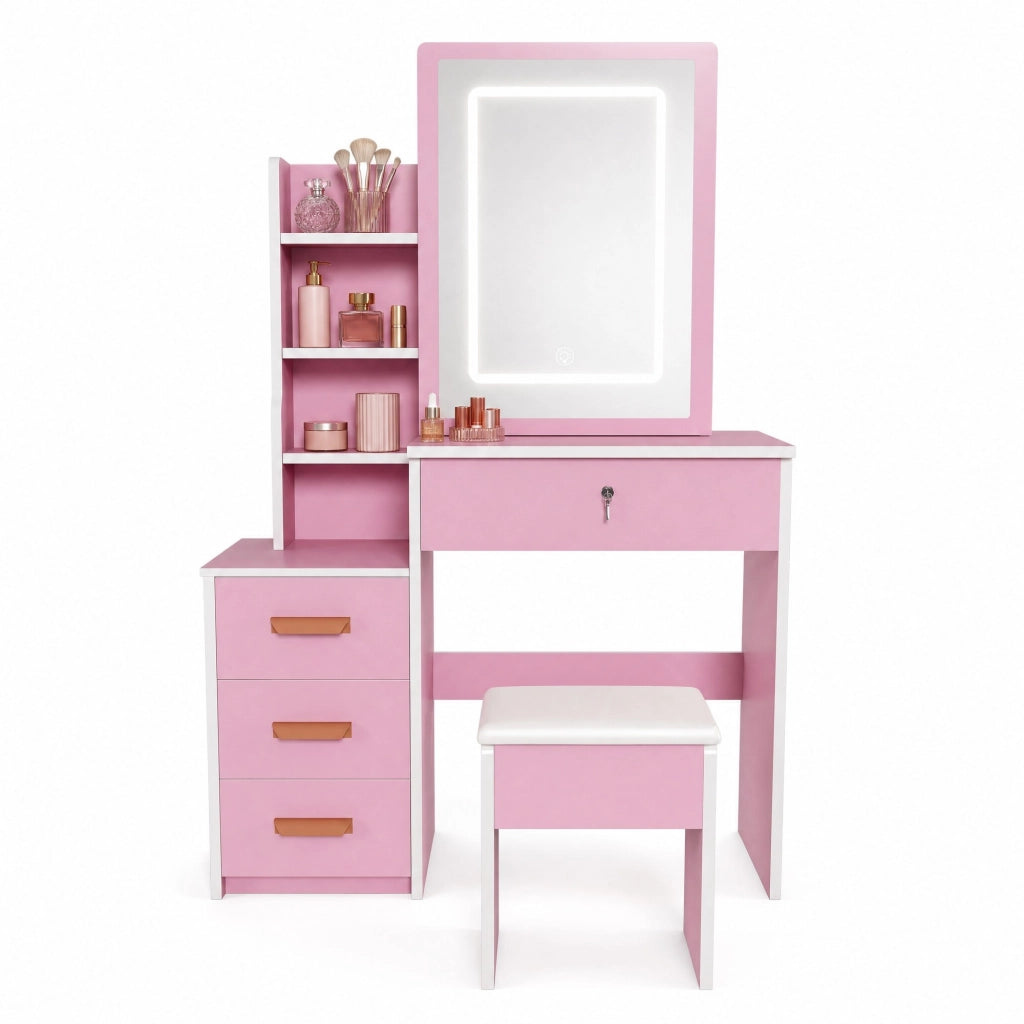 Toeletta con specchio LED e sgabello; 3 modalità di luce; cassetti e ante; MDF rosa