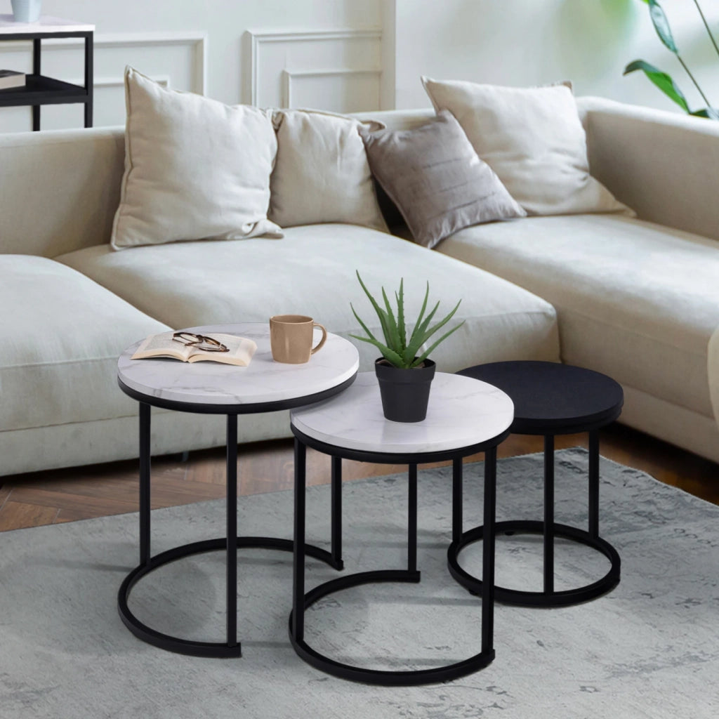 IDMarket - Set di 3 tavolini rotondi 35/40/45 effetto marmo e legno nero, base in metallo ALASKA