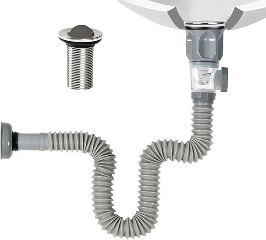 Set di scarico 1 1/2 pollici con tubo di scarico flessibile per cucina e bagno, 300-1000mm, grigio, inclusi tubi di scarico e accessori.