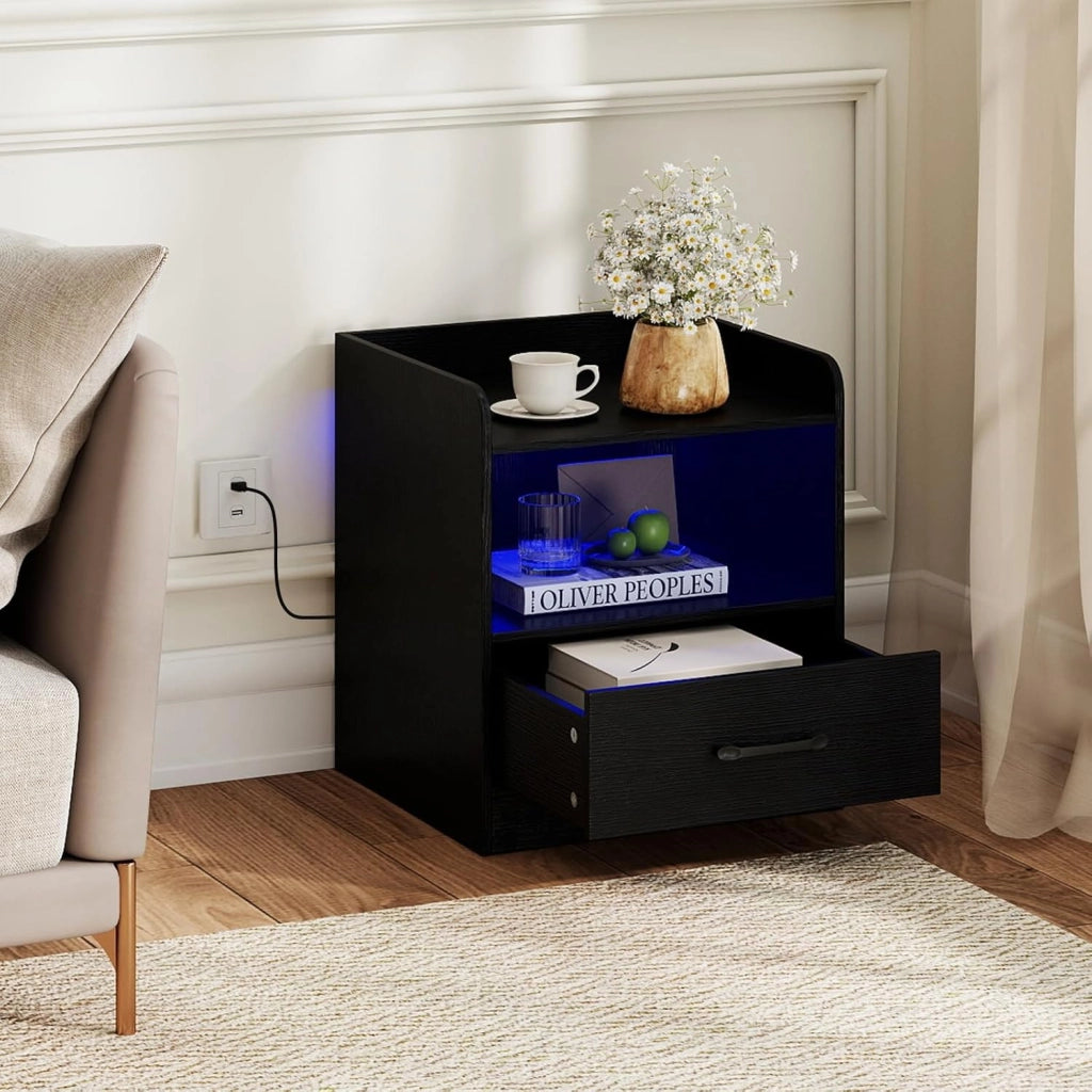 Comodino Camera da Letto con Luce e Luminosità Regolabili, 16 Colori di Luce e 3 Modalità, Telecomando, Tavolino Laterale con Cassetto e Scomparto Aperto per Libri, Piante, Cornici