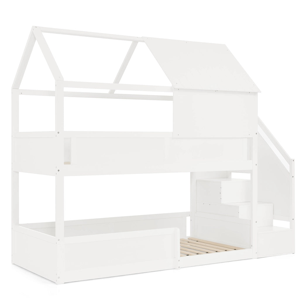 Letto a castello in legno massello con scala laterale e design con tetto; bianco