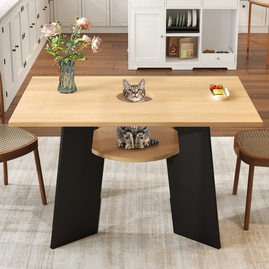 Tavolo da pranzo con area per gatti e ripiano inferiore, piano apribile, per cucina e sala da pranzo, nero e naturale, 130 × 85 × 75 cm