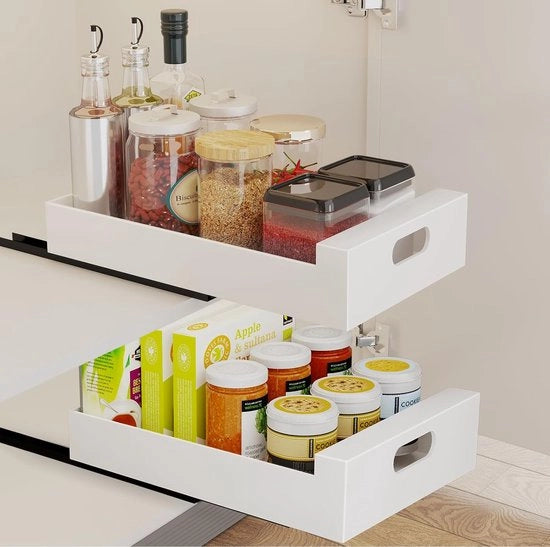 Set di Organizzatori da Cucina e Armadio Estensibili da 2 Pezzi, Senza Fissare, Lotti Telescopici Bianchi