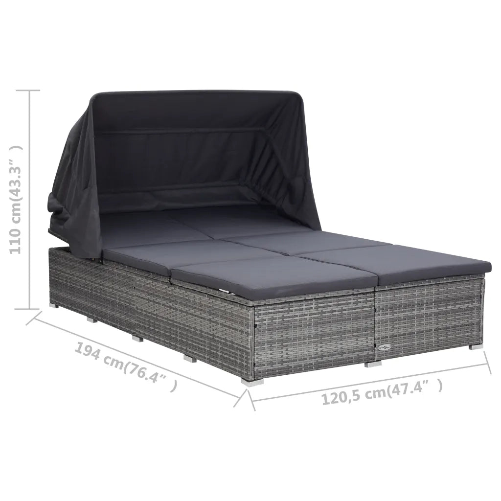 Lettino Prendisole a 2 Posti con Cuscino in Polyrattan Grigio 310236