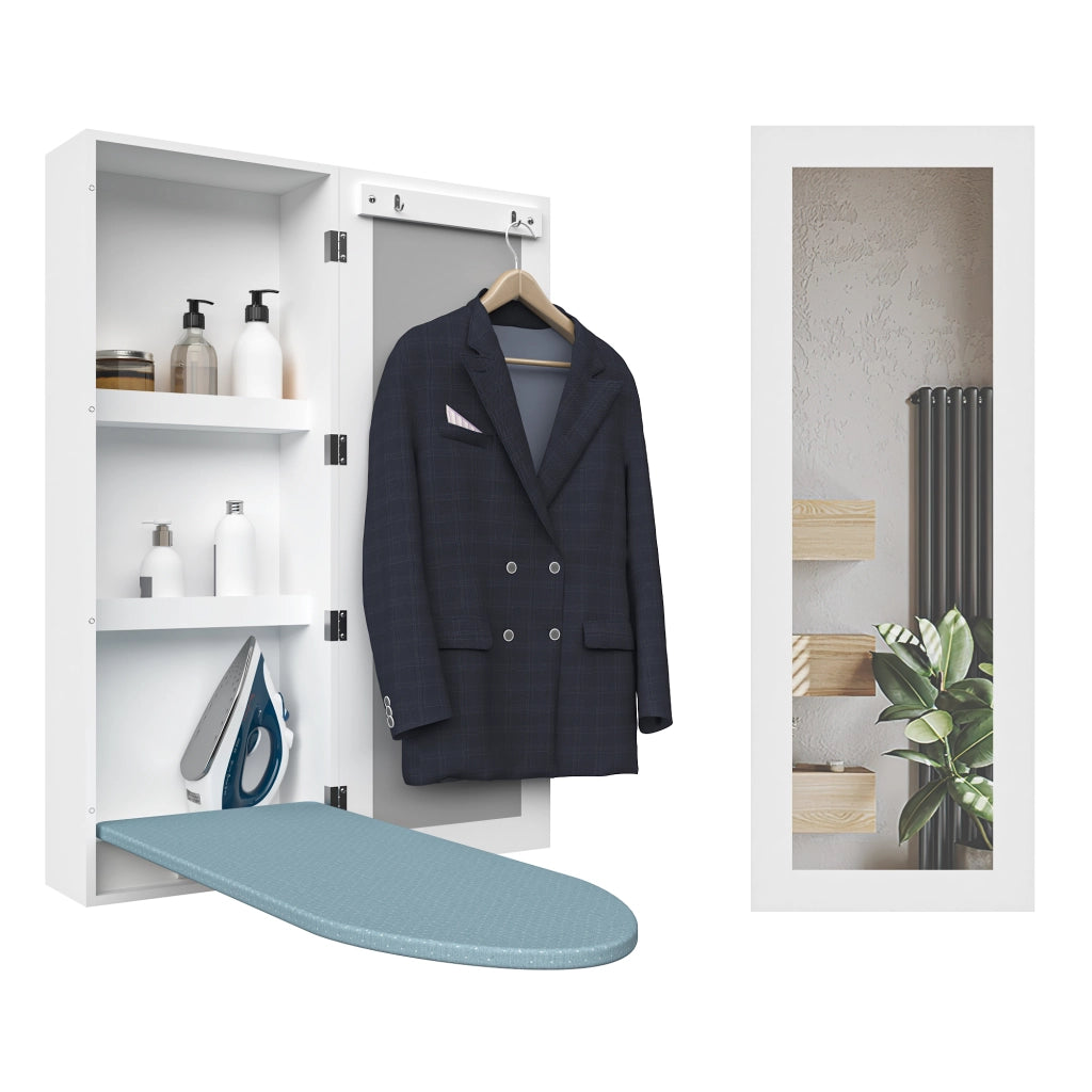 Mobiletto da parete con asse da stiro pieghevole e specchio, bianco in MDF
