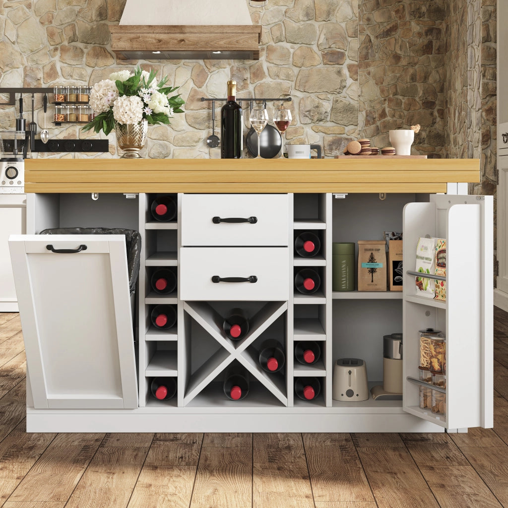 Madia da cucina girevole con 2 cassetti; portabottiglie estraibile e supporto per pattumiera; per cucina; bianco; 120 × 40 × 73.8 cm