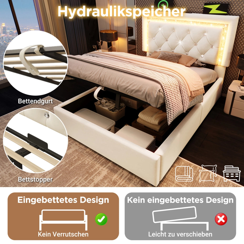 Letto imbottito 90x200 cm beige con LED, USB-C e contenitore