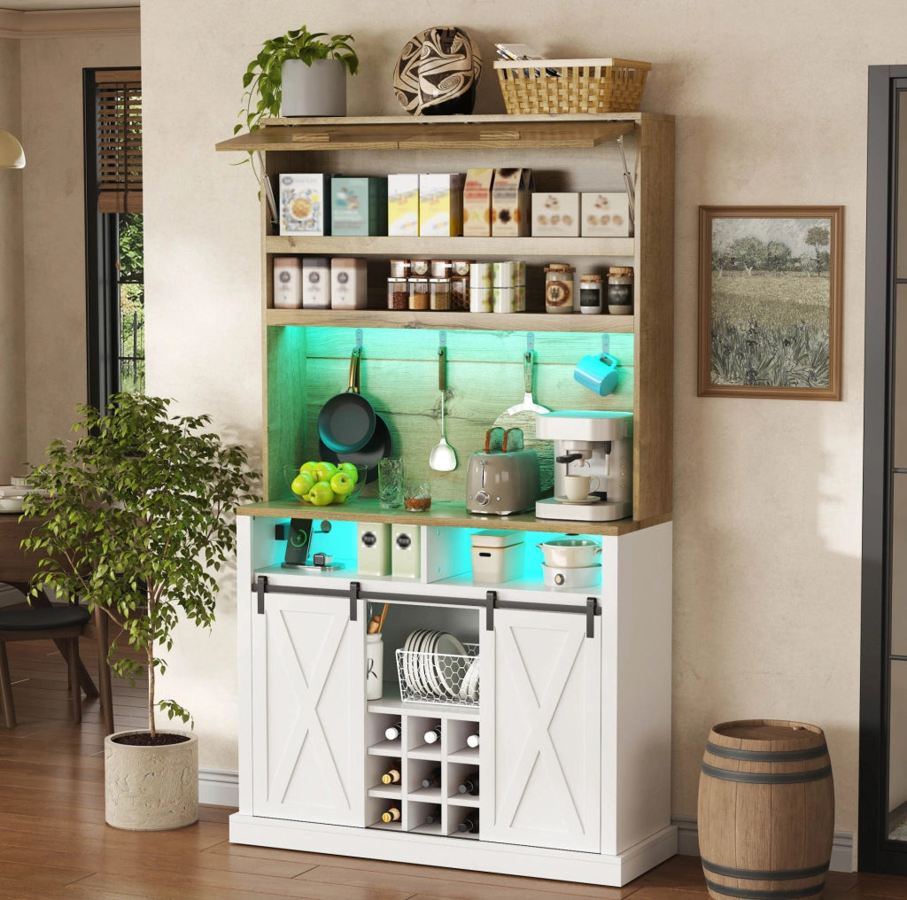 Credenza cucina con LED RGB e vetrina 110x40x191 cm; in MDF bianco naturale