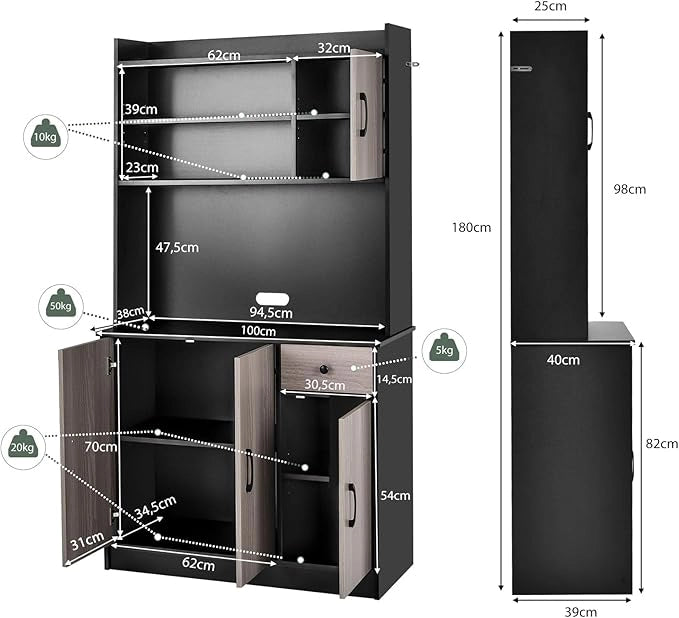 Armadio da Cucina Alto 180 CM, Credenza Alta da Cucina con Armadietti e Cassetto, Stazione di Ricarica Integrata, Ripiani Regolabili, 100 x 40 x 180 cm (Nero)