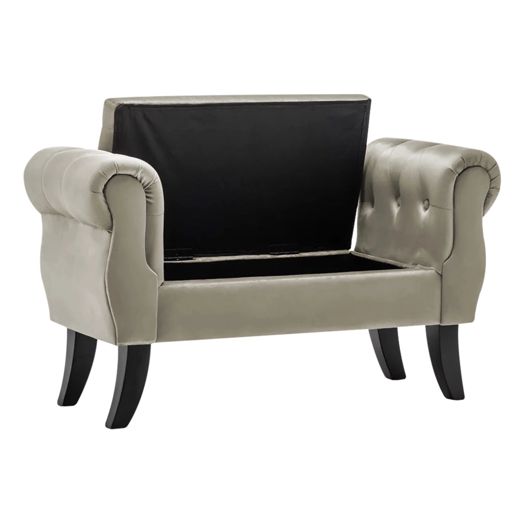 Divanetto In Velluto Panca Contenitore Pouf PortaOggetti Panca Sgabello A Pie Di Letto Cassapanca Ingresso Legno Massello Panchina - Beige