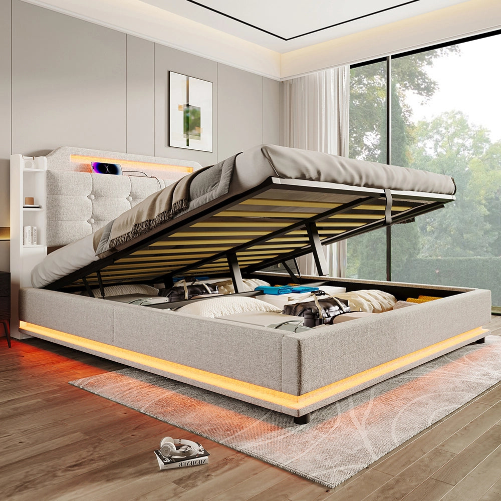 Letto-Xylo-140x200 cm-LED, USB-C, scomparti, lino beige