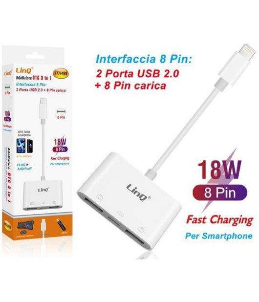 Adattatore 8 Pin Lettore Schede Memoria Otg 3in1 Lightning + 2 Usb Femmina Ith488         