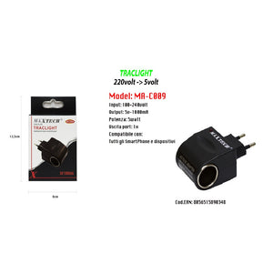 Trade Shop - Adattatore Accendisigari Da Auto Casa Ricarica Smartphone Dispositivi 5v-1000ma Maxtech Ma-c009 -