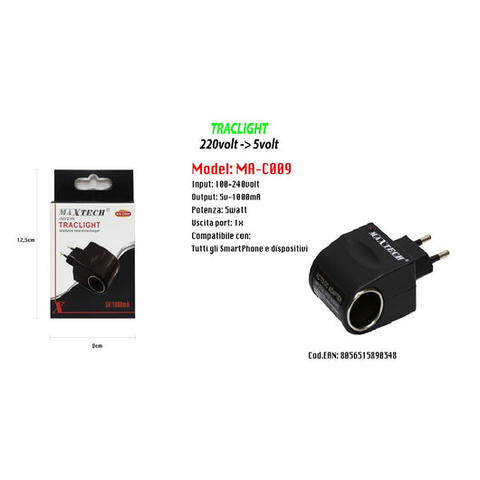 Trade Shop - Adattatore Accendisigari Da Auto Casa Ricarica Smartphone Dispositivi 5v-1000ma Maxtech Ma-c009 -