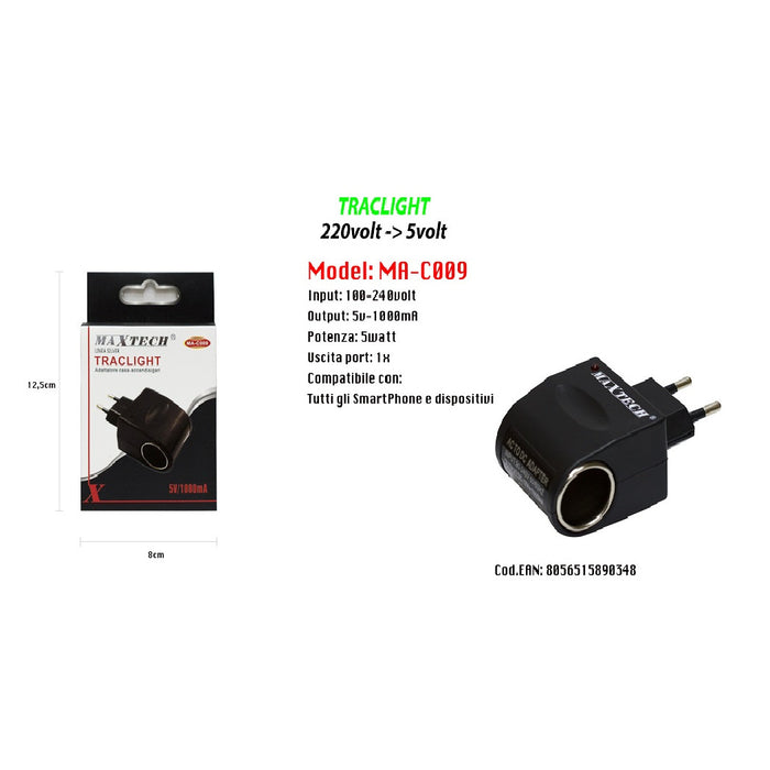 Trade Shop - Adattatore Accendisigari Da Auto Casa Ricarica Smartphone Dispositivi 5v-1000ma Maxtech Ma-c009 -
