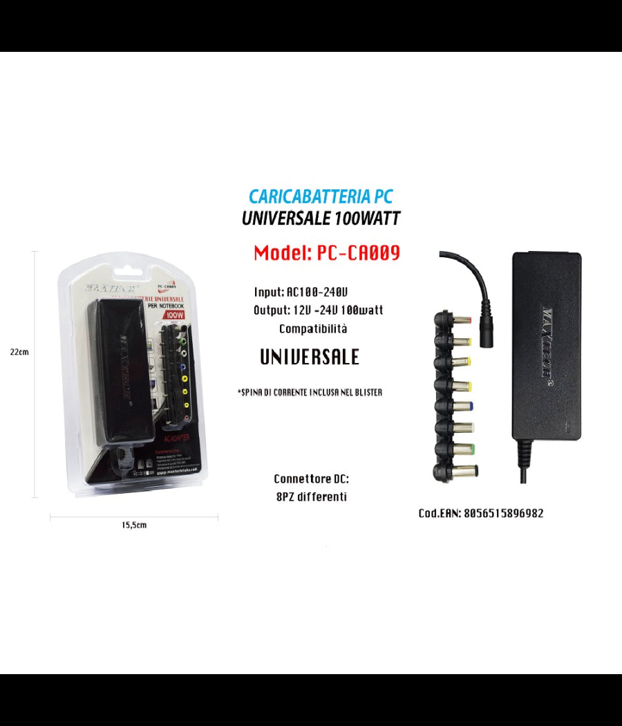 Adattatore Alimentazione Caricabatteria Universale Pc 100w Notebook Maxtech Pc-ca009         