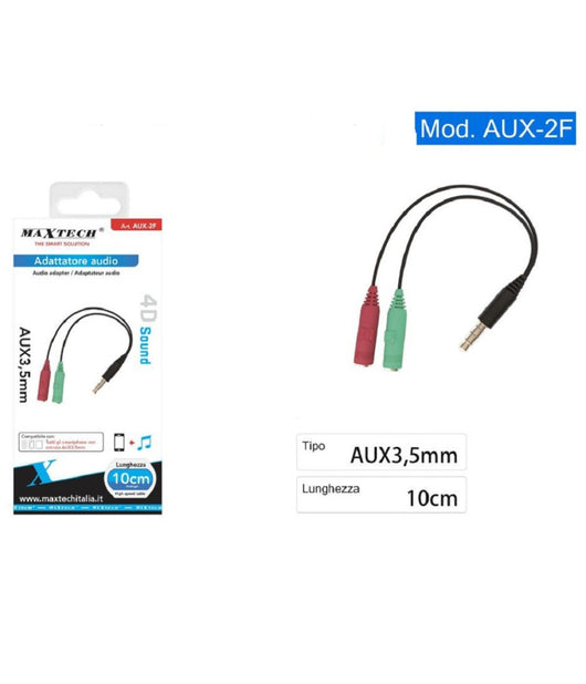 Adattatore Cavo Aux 3.5mm Maschio A 2x Aux Microfono Femmina Audio Maxtech Aux-2f         