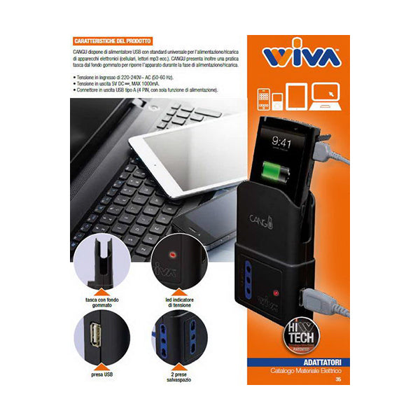 adattatore con tasca porta cellulare e caricabatterie usb 5v + 2 spina bipasso 16a