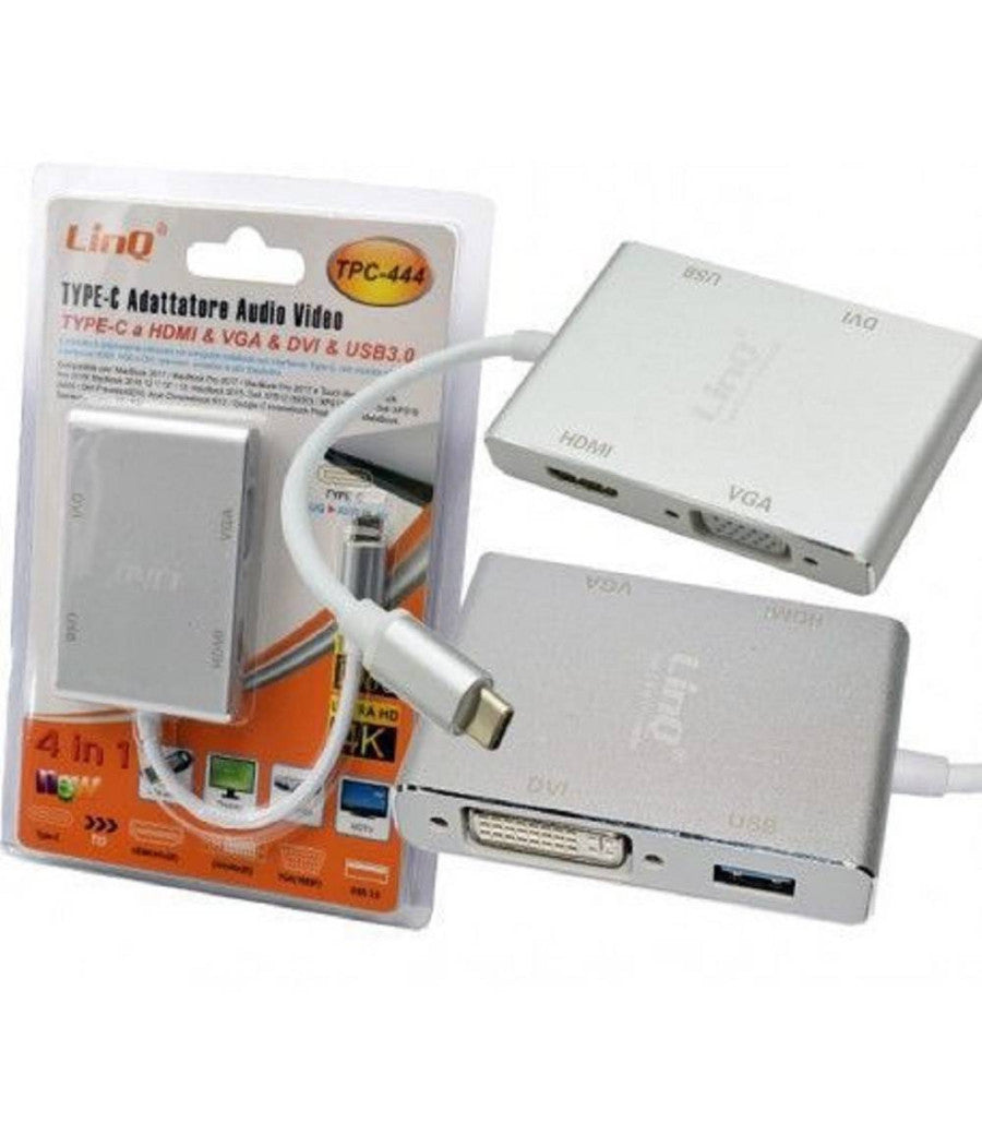 Adattatore Convertitore Audio Video 4in1 Da Type-c A Vga Hdmi Dvi Usb3.0 Tpc-444         