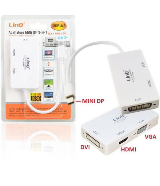 Adattatore Convertitore Da Mini Displayport 3in1 A Vga Hdmi Dvi Proiettori Mdp-443         
