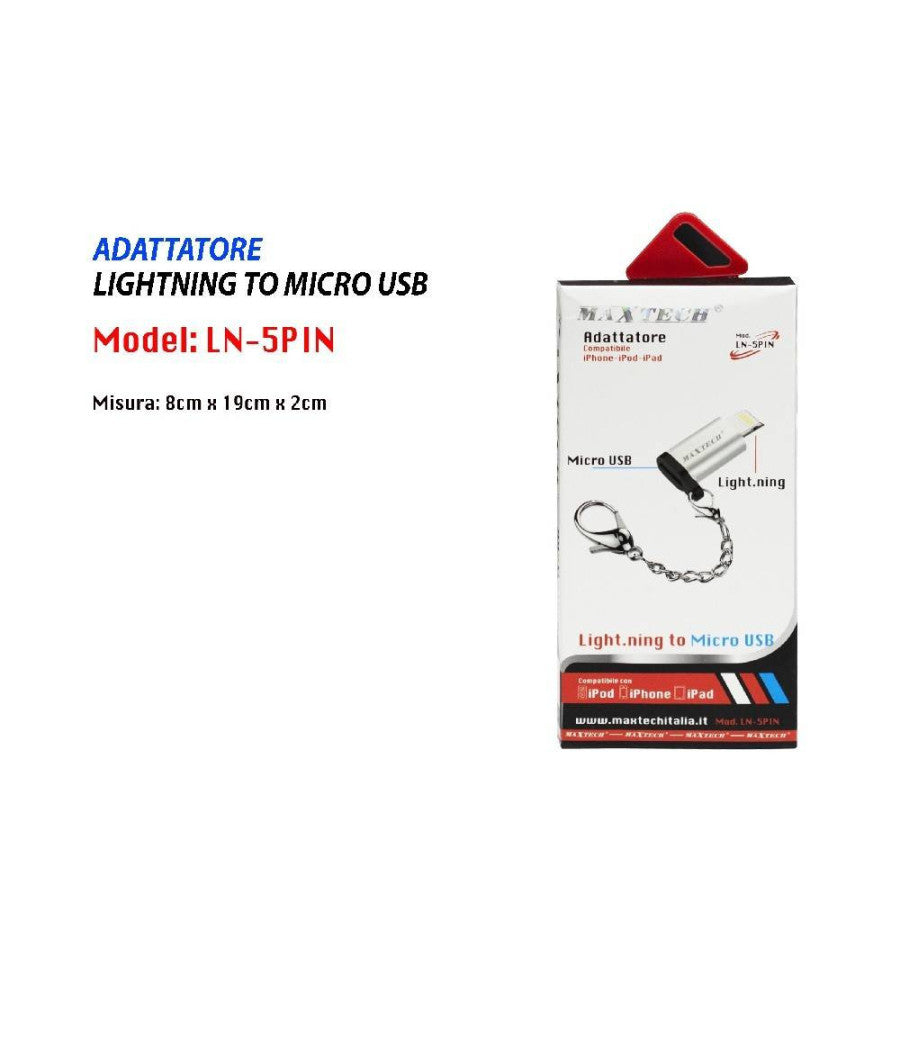 Adattatore Da Lightning A Micro Usb Compatibilita' Iphone Ipod Ipad Maxtech Ln-5pin         