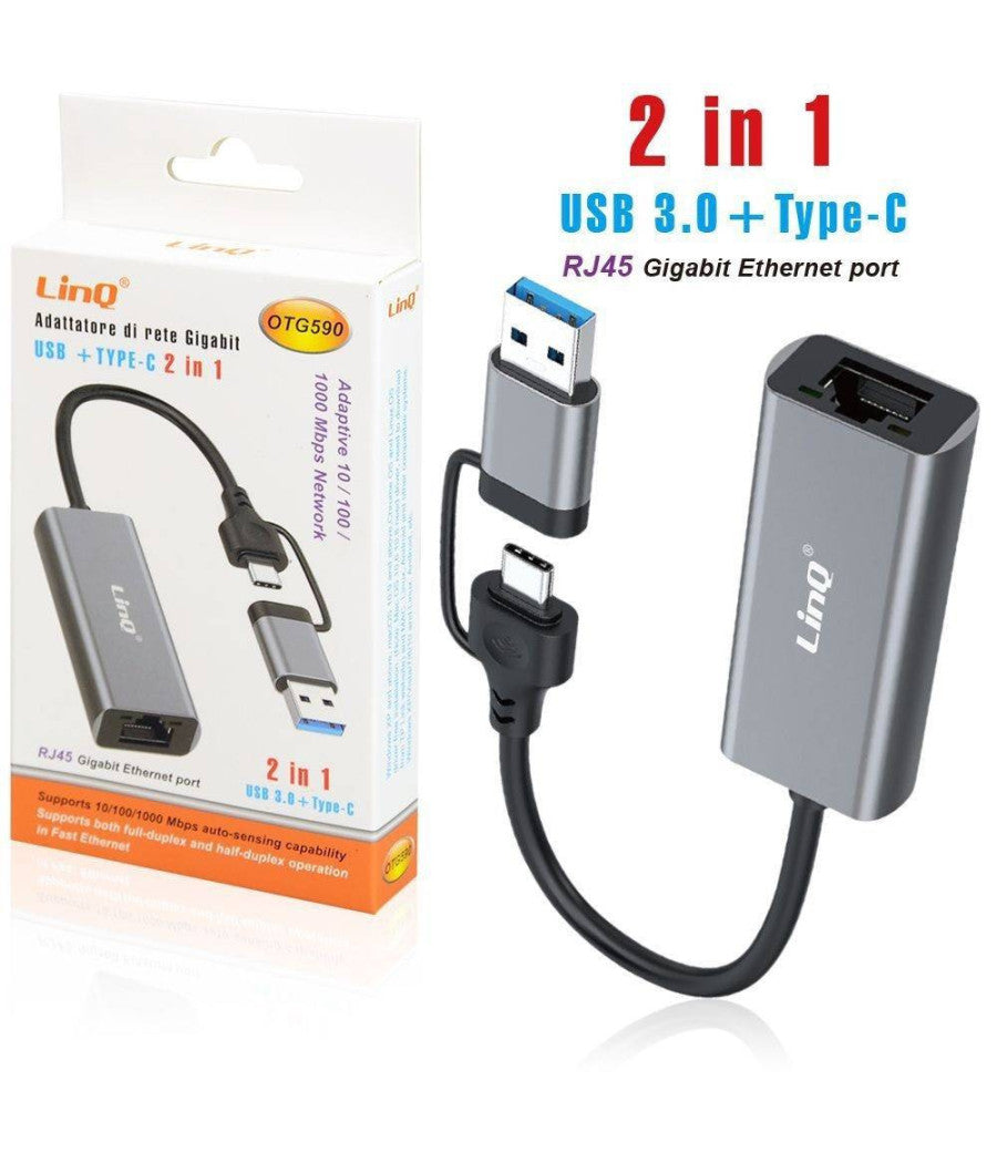 Adattatore Di Rete Gigabit Ethernet Porta Rj45 2 In 1 Usb 3.0 + Type-c Otg590         