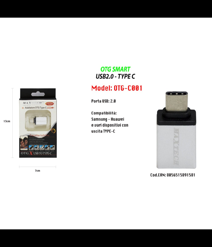 Adattatore Otg Usb 2.0 Per Smartphone Dispositivi Uscita Type-c Maxtech Otg-c001         