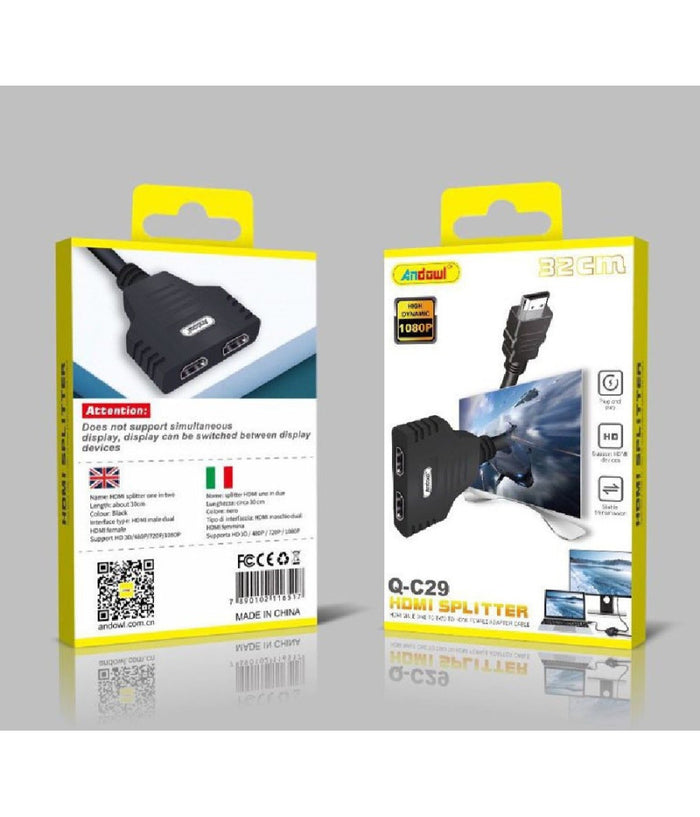Adattatore Splitter Hdmi Maschio A 2 Hdmi Femmina 32 Cm Supporta Hd 1080p Q-c29         