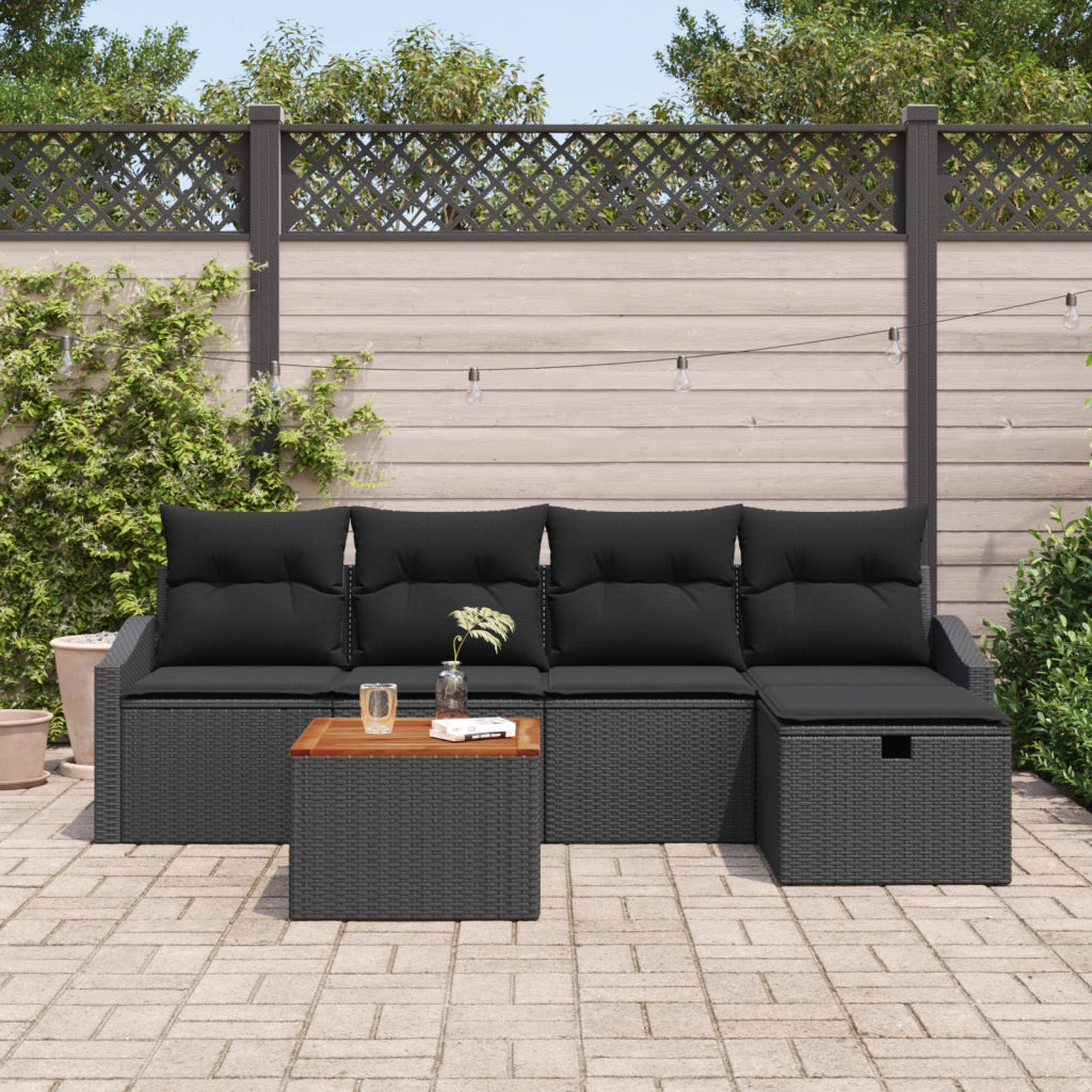 Set Divano da Giardino 6 Pezzi con Cuscini Nero Polyrattan