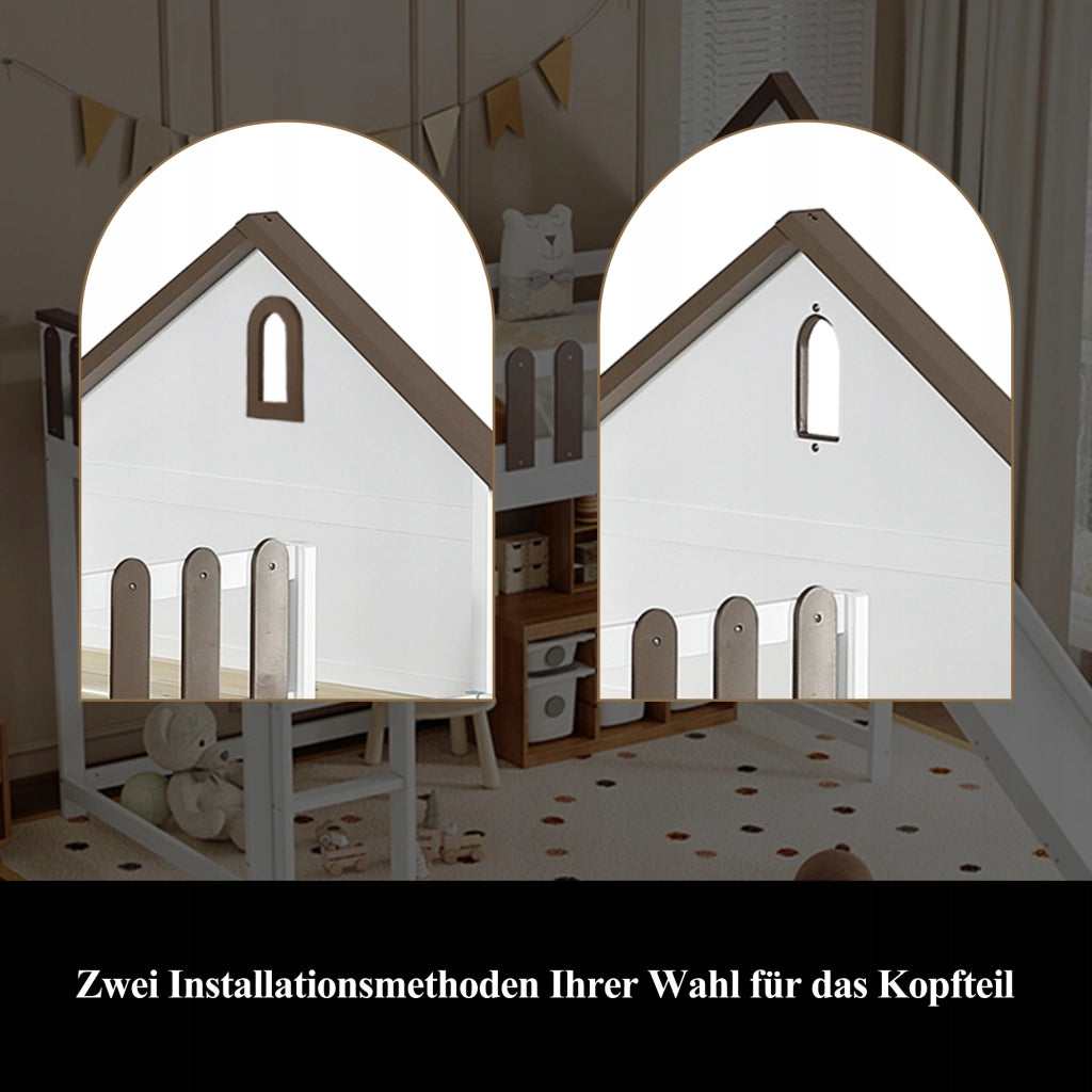 Letto a castello con tetto, finestra, scivolo, 90x200 - Xylo
