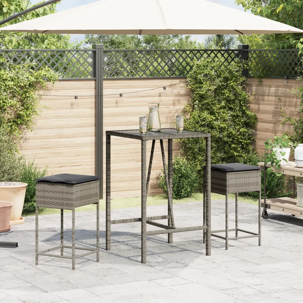 Set Bar da Giardino 3pz con Cuscini Grigio in Polyrattan