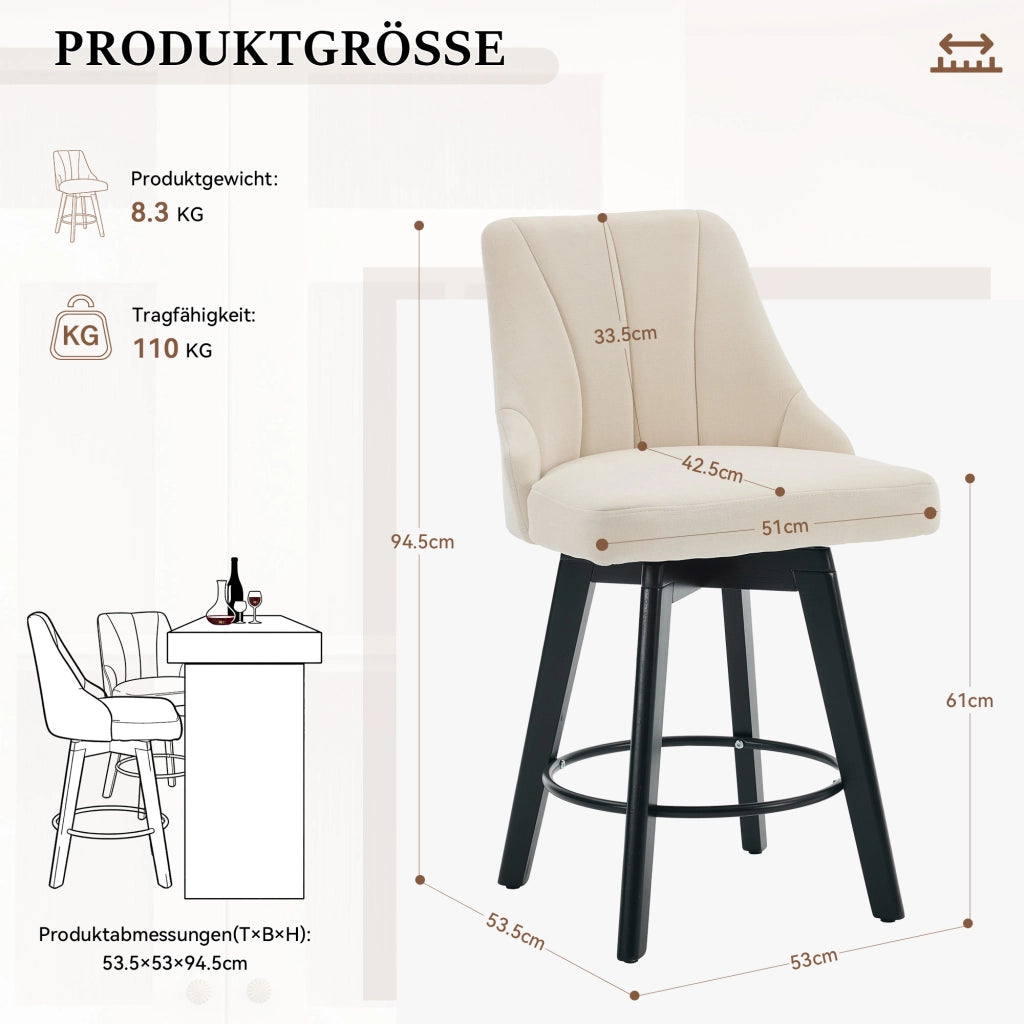 Sgabello da bar girevole 360° in ciniglia beige con schienale imbottito e poggiapiedi