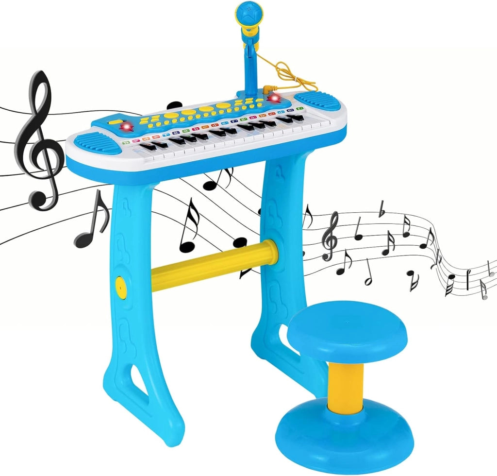 Tastiera Giocattolo a 31 Tasti, Pianoforte Digitale per Bambini, con Microfono Sgabello Luci, Funzioni di Record e Playback, Pianola Bambini con 22 Battiti/8 Toni/7 Ritmi, per 3+ Anni (Rosa)