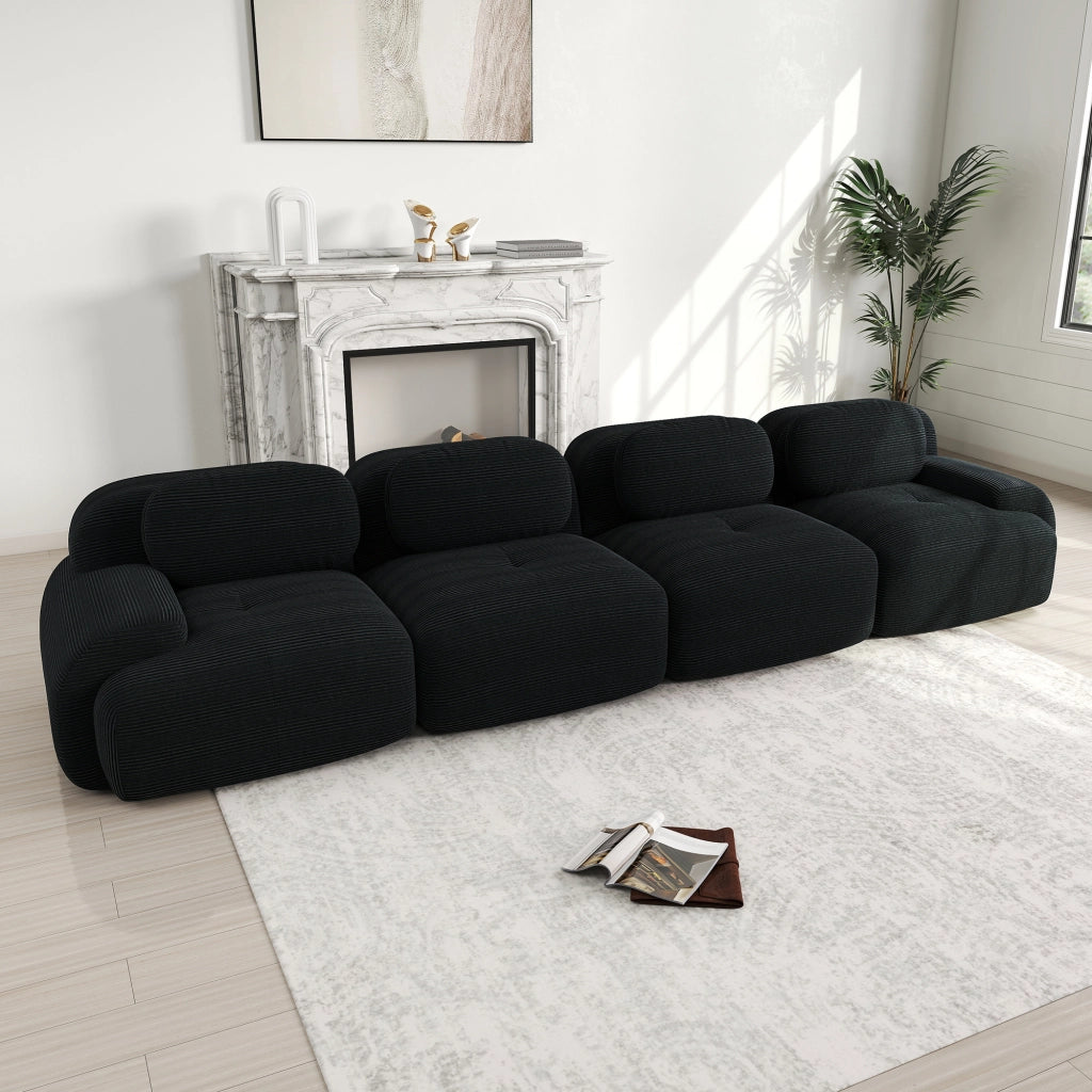divano ad angolo modulare senza telaio in velluto a coste 32D; cuscino elastico; nero