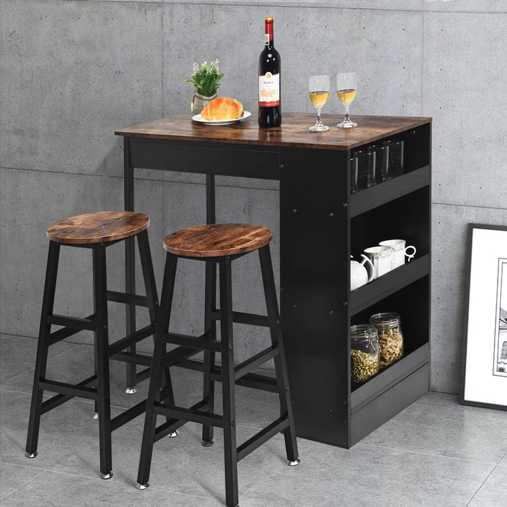 Set Tavolo e 2 Sgabelli, Set Mobili da Bar, 3 Pezzi Set da Pranzo, in Stile Industriale, Tavolo con 3 Ripiani di Stoccaggio, Sgabello con Poggiapiedi di Diverse Altezze, Struttura Metallica