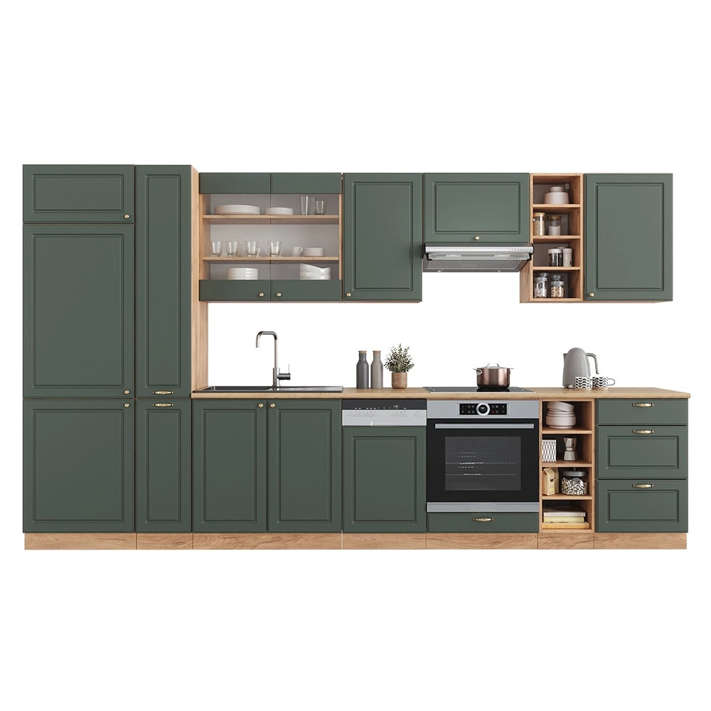 Cucina componibile Fame-Line Verde-oro rustico/Rovere dorato 355 cm senza piano di lavoro Vicco