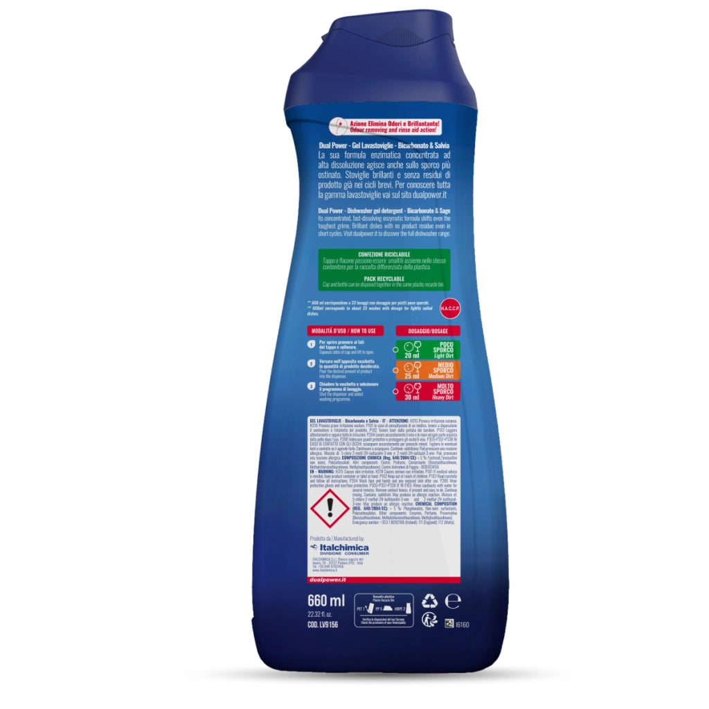 DUAL POWER DETERSIVO GEL LAVASTOVIGLIE BICARBONATO E SALVIA 33 LAVAGGI 660 ML