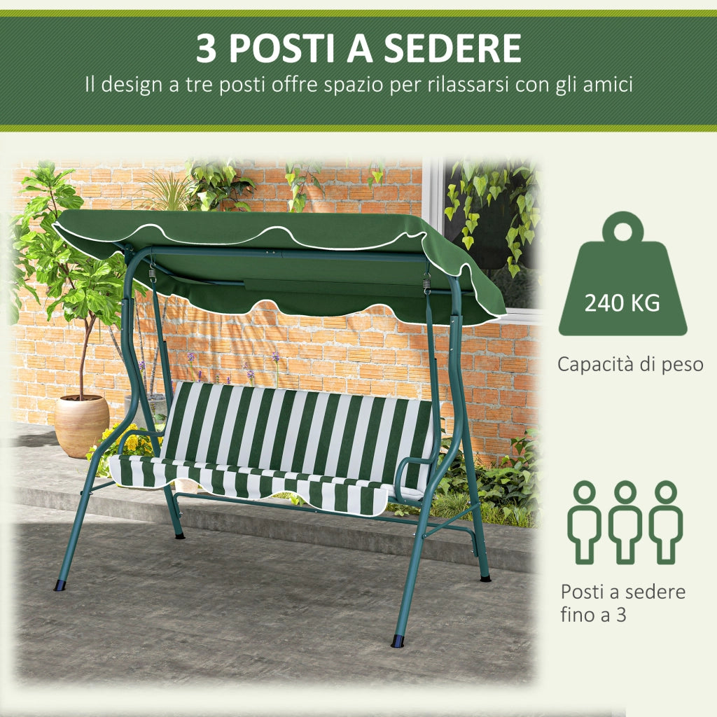 Dondolo 3 Posti con Tettuccio e Cuscini ¨C zephmum ¨C Verde e Bianco, Acciaio e Poliestere, 170x110x153 cm