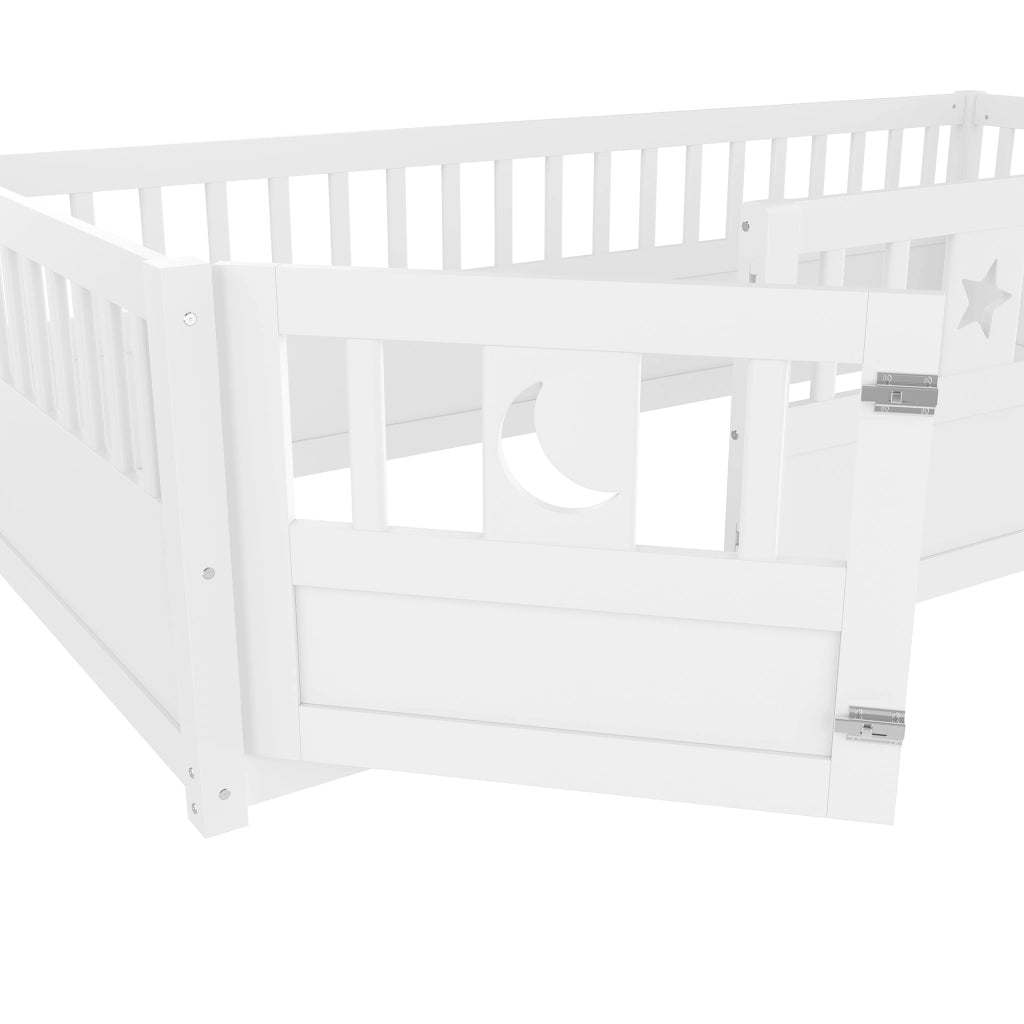 Letto bambino 90×190 cm; letto con sponda; sicurezza; stelle e luna; senza materasso; in legno; bianco
