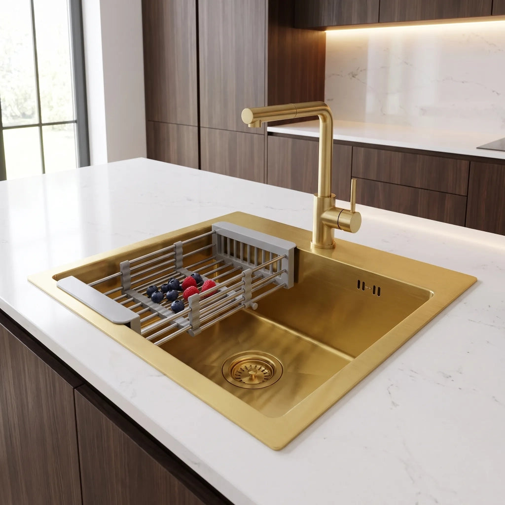 Lavello In Acciaio Con Set Di Accessori 3 Pz. Rea Leo 40 Brush Gold Accessori beige