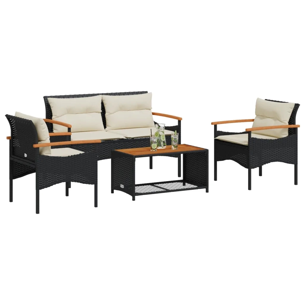 Set Divani da Giardino 4 pz | Set Salotto da Giardino con Cuscini Nero in Polyrattan