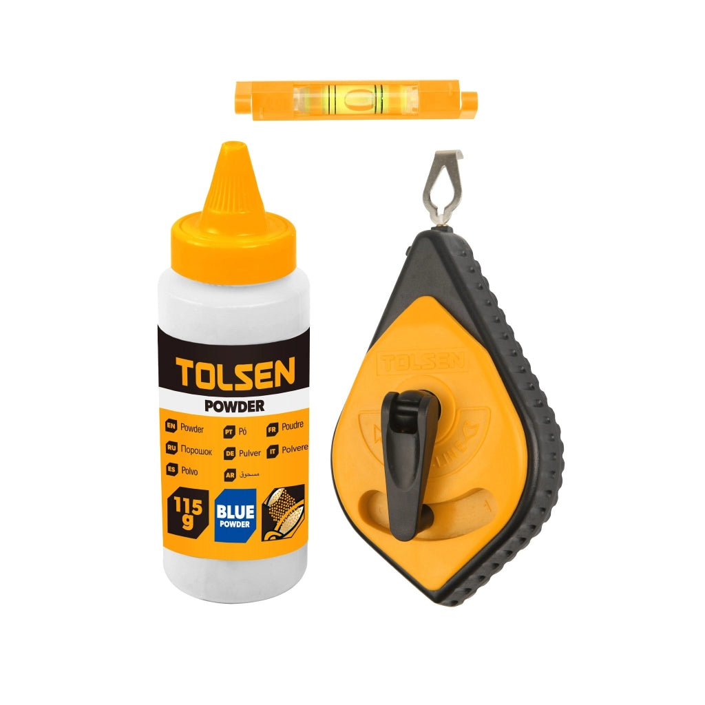 Set Tracciatore Traccialinee TOLSEN 30 m con Livella e Polvere Blu 115 g – 42013T