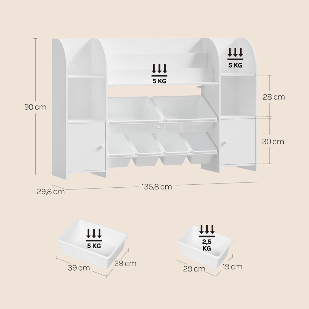 Libreria Montessoriana per Bambini, Scaffale con 2 Armadietti e 6 Contenitori Rimovibili in Plastica, per Cameretta e Soggiorno, in Legno, 135,8x29,8x90 cm, Bianco