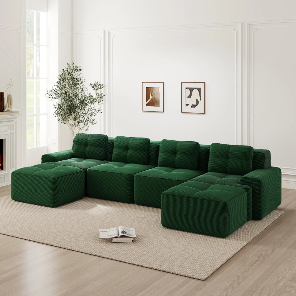 Divano modulare 4 posti con chaise longue a U 382x177x69 cm in velluto a coste verde